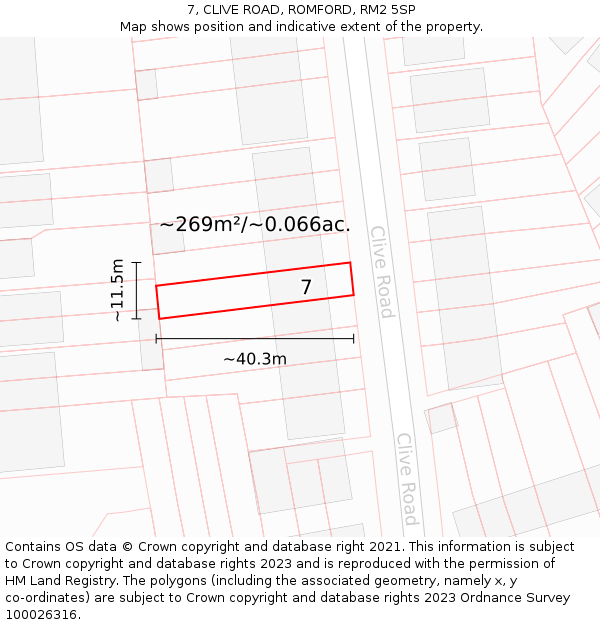 7, CLIVE ROAD, ROMFORD, RM2 5SP: Plot and title map