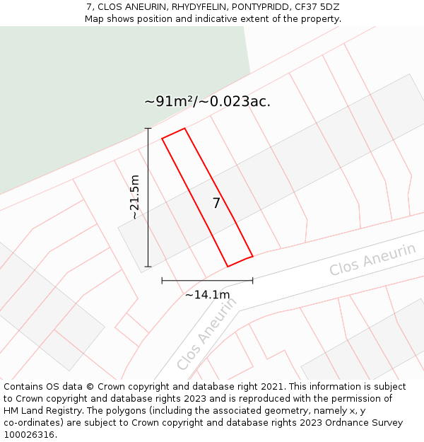 7, CLOS ANEURIN, RHYDYFELIN, PONTYPRIDD, CF37 5DZ: Plot and title map