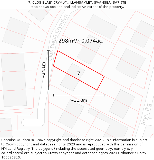 7, CLOS BLAENCRYMLYN, LLANSAMLET, SWANSEA, SA7 9TB: Plot and title map