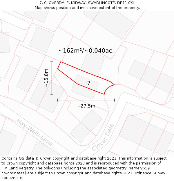 7, CLOVERDALE, MIDWAY, SWADLINCOTE, DE11 0XL: Plot and title map