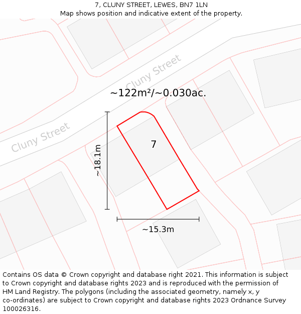 7, CLUNY STREET, LEWES, BN7 1LN: Plot and title map