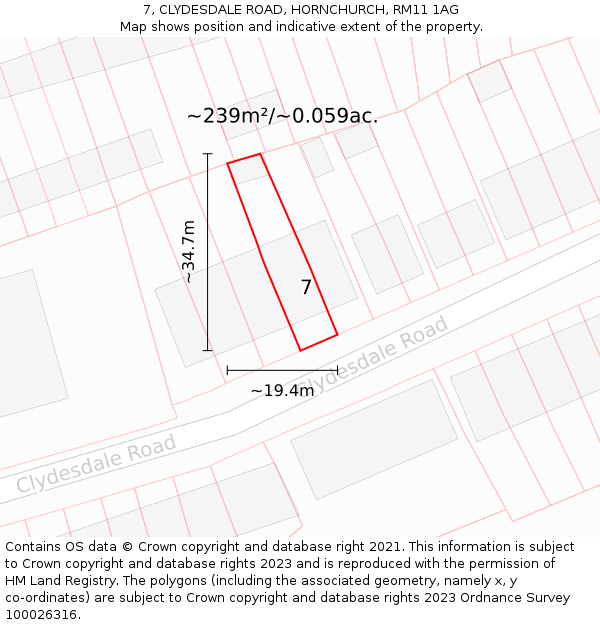 7, CLYDESDALE ROAD, HORNCHURCH, RM11 1AG: Plot and title map