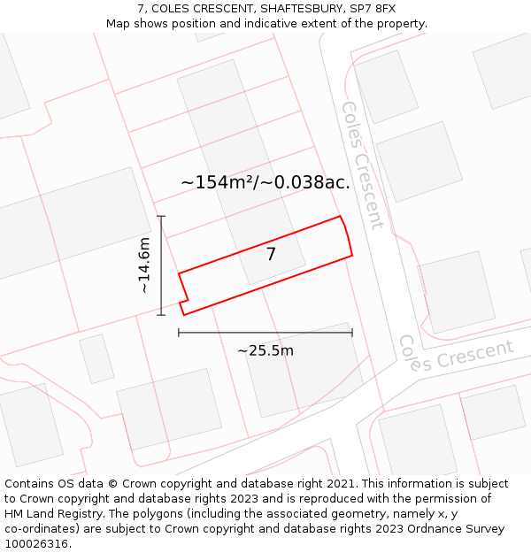 7, COLES CRESCENT, SHAFTESBURY, SP7 8FX: Plot and title map