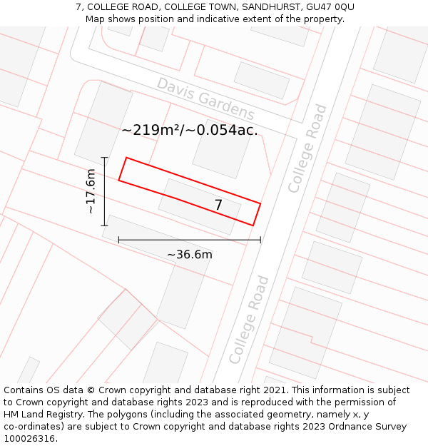 7, COLLEGE ROAD, COLLEGE TOWN, SANDHURST, GU47 0QU: Plot and title map