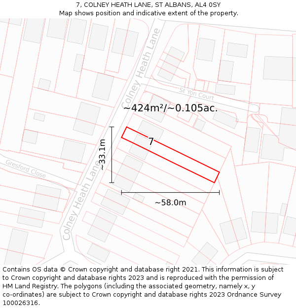 7, COLNEY HEATH LANE, ST ALBANS, AL4 0SY: Plot and title map