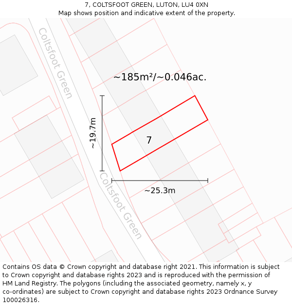 7, COLTSFOOT GREEN, LUTON, LU4 0XN: Plot and title map