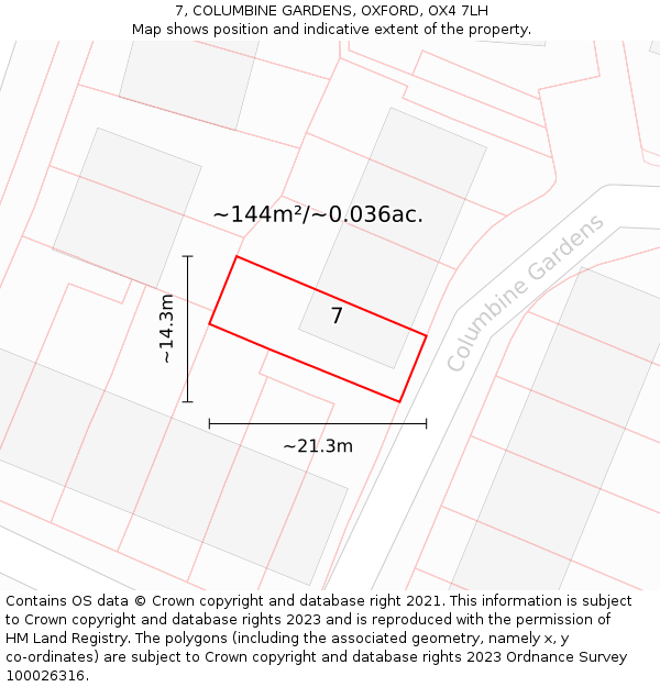 7, COLUMBINE GARDENS, OXFORD, OX4 7LH: Plot and title map