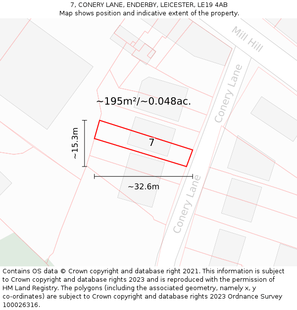 7, CONERY LANE, ENDERBY, LEICESTER, LE19 4AB: Plot and title map