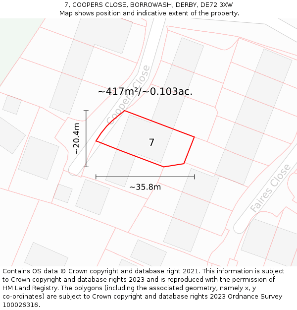 7, COOPERS CLOSE, BORROWASH, DERBY, DE72 3XW: Plot and title map