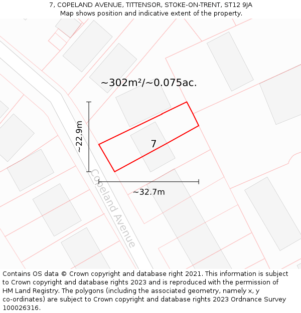 7, COPELAND AVENUE, TITTENSOR, STOKE-ON-TRENT, ST12 9JA: Plot and title map