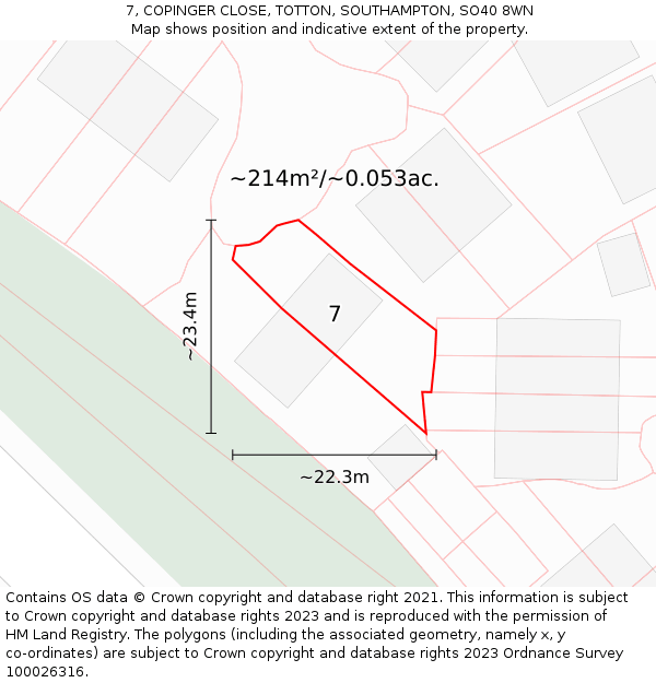 7, COPINGER CLOSE, TOTTON, SOUTHAMPTON, SO40 8WN: Plot and title map