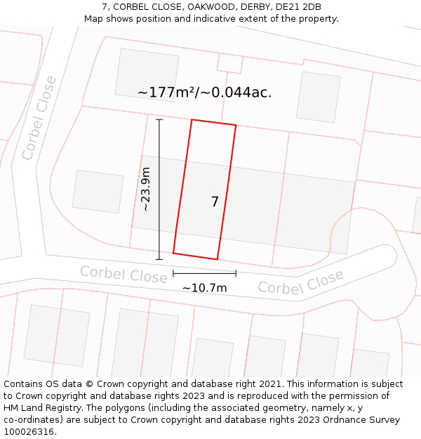 7, CORBEL CLOSE, OAKWOOD, DERBY, DE21 2DB: Plot and title map