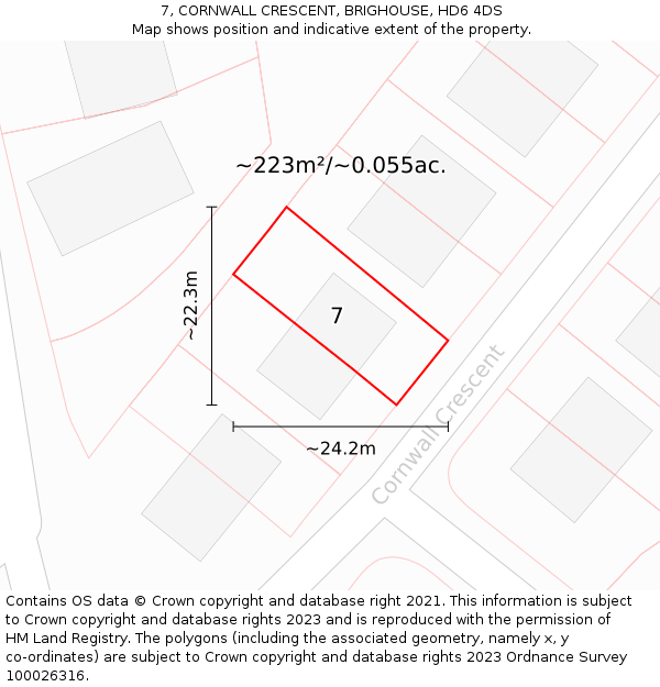 7, CORNWALL CRESCENT, BRIGHOUSE, HD6 4DS: Plot and title map