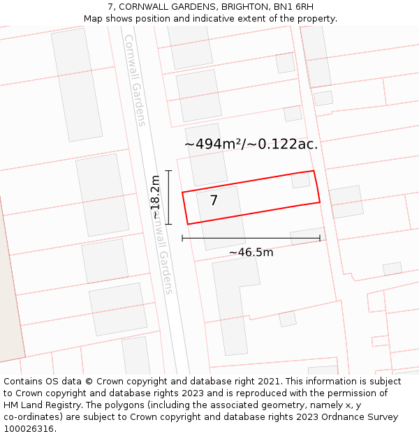 7, CORNWALL GARDENS, BRIGHTON, BN1 6RH: Plot and title map