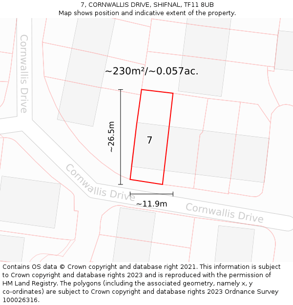 7, CORNWALLIS DRIVE, SHIFNAL, TF11 8UB: Plot and title map