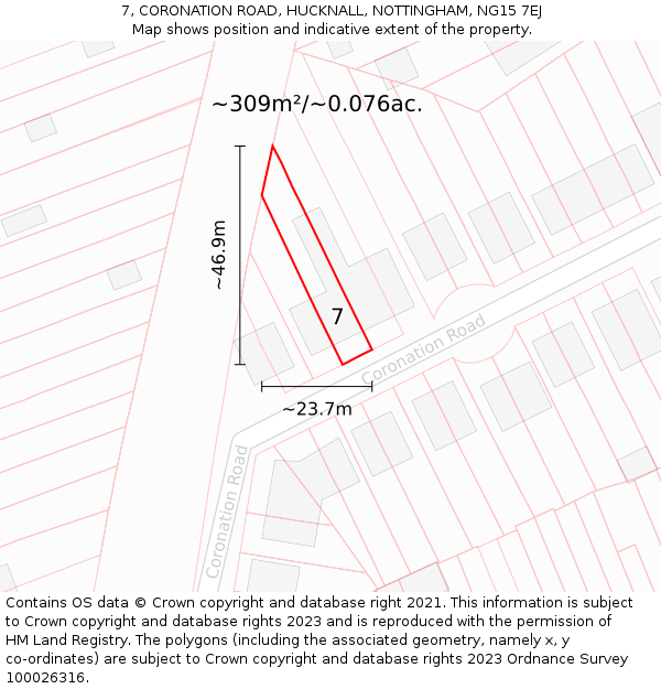 7, CORONATION ROAD, HUCKNALL, NOTTINGHAM, NG15 7EJ: Plot and title map