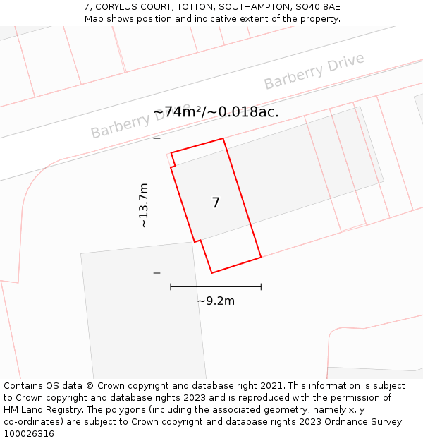 7, CORYLUS COURT, TOTTON, SOUTHAMPTON, SO40 8AE: Plot and title map