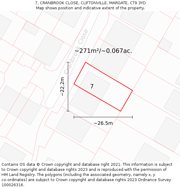 7, CRANBROOK CLOSE, CLIFTONVILLE, MARGATE, CT9 3YD: Plot and title map