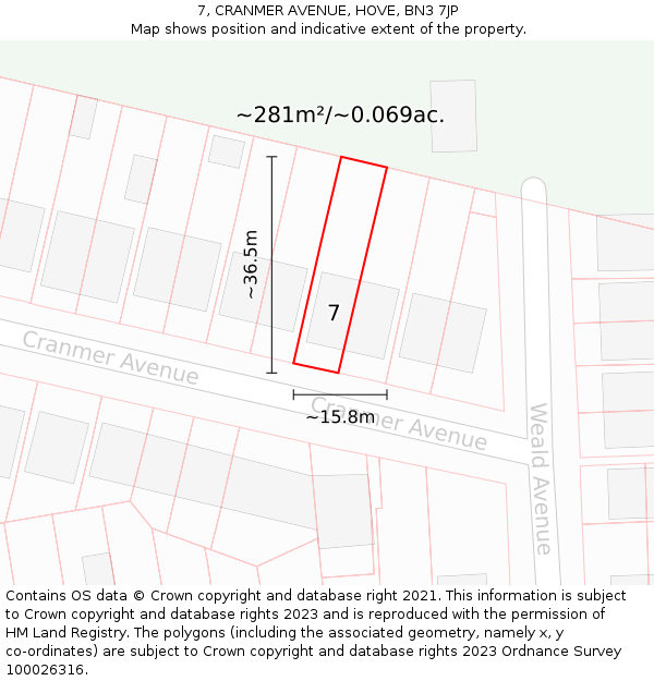 7, CRANMER AVENUE, HOVE, BN3 7JP: Plot and title map