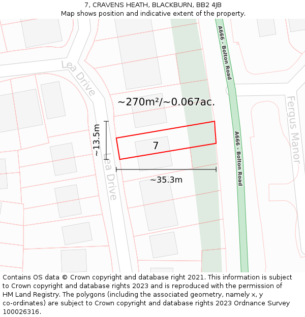 7, CRAVENS HEATH, BLACKBURN, BB2 4JB: Plot and title map