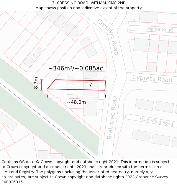 7, CRESSING ROAD, WITHAM, CM8 2NP: Plot and title map