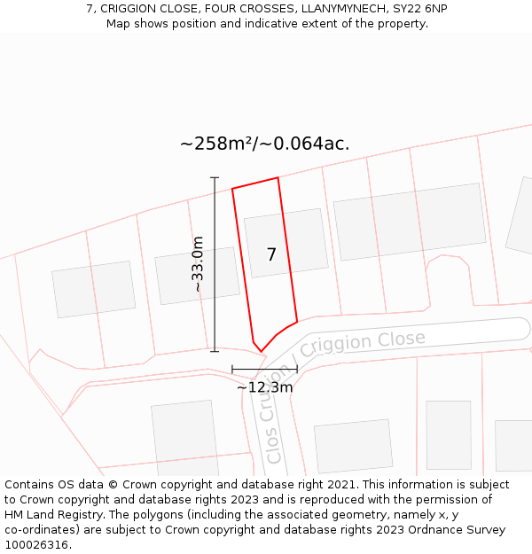 7, CRIGGION CLOSE, FOUR CROSSES, LLANYMYNECH, SY22 6NP: Plot and title map