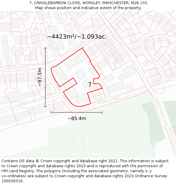 7, CRINGLEBARROW CLOSE, WORSLEY, MANCHESTER, M28 1YG: Plot and title map