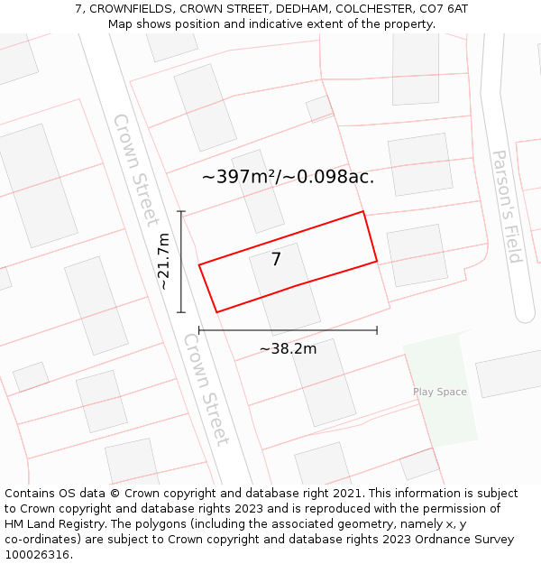 7, CROWNFIELDS, CROWN STREET, DEDHAM, COLCHESTER, CO7 6AT: Plot and title map