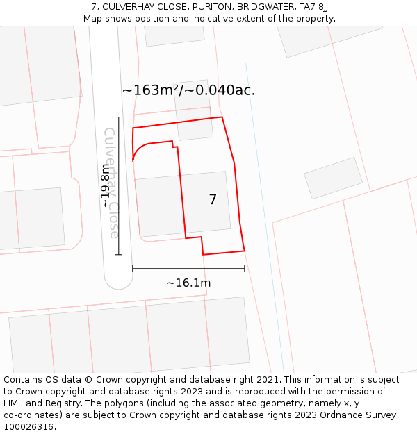 7, CULVERHAY CLOSE, PURITON, BRIDGWATER, TA7 8JJ: Plot and title map