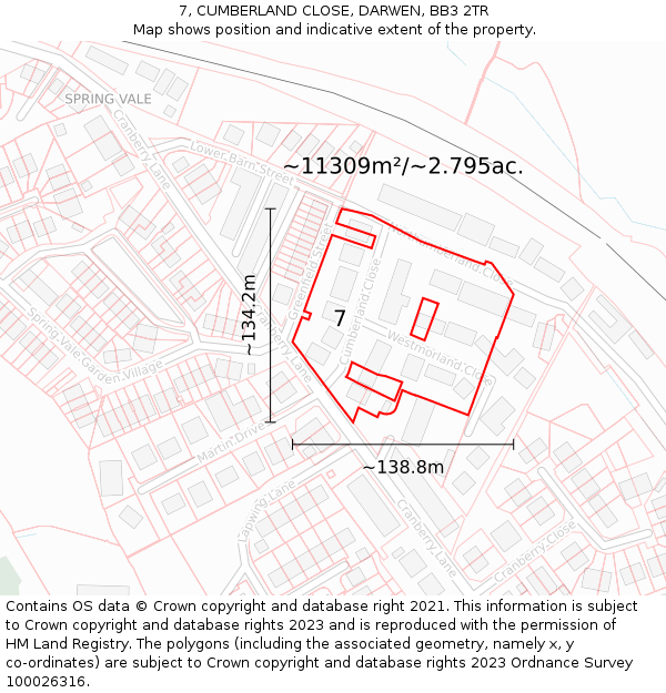 7, CUMBERLAND CLOSE, DARWEN, BB3 2TR: Plot and title map