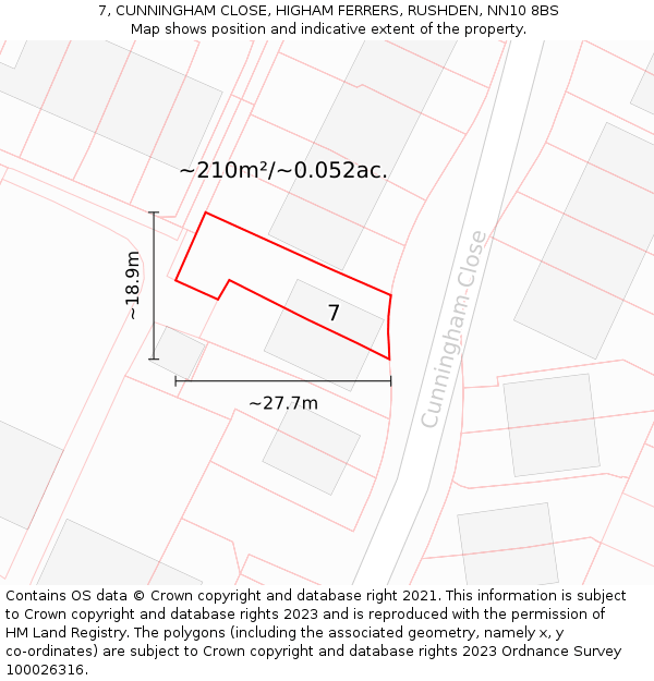 7, CUNNINGHAM CLOSE, HIGHAM FERRERS, RUSHDEN, NN10 8BS: Plot and title map