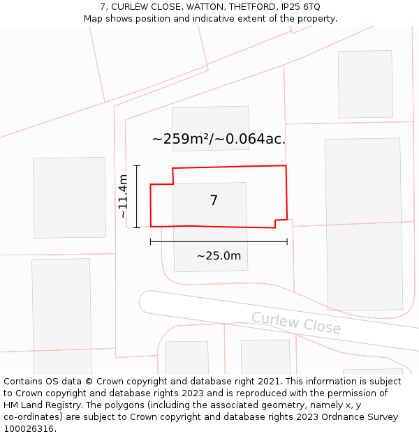 7, CURLEW CLOSE, WATTON, THETFORD, IP25 6TQ: Plot and title map