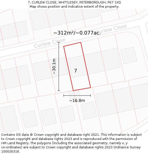 7, CURLEW CLOSE, WHITTLESEY, PETERBOROUGH, PE7 1XQ: Plot and title map