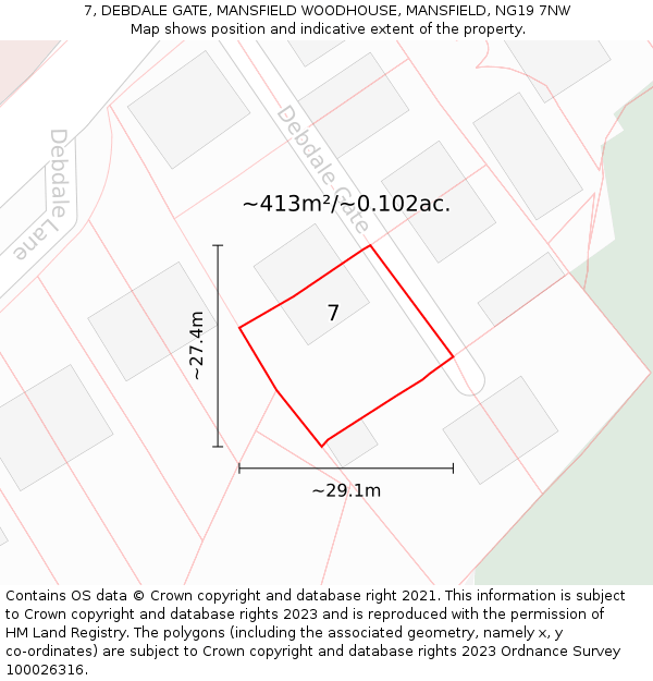 7, DEBDALE GATE, MANSFIELD WOODHOUSE, MANSFIELD, NG19 7NW: Plot and title map