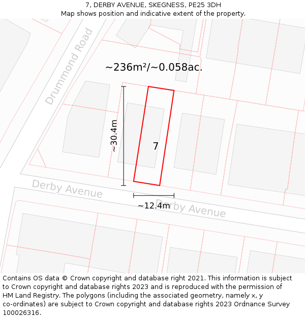 7, DERBY AVENUE, SKEGNESS, PE25 3DH: Plot and title map