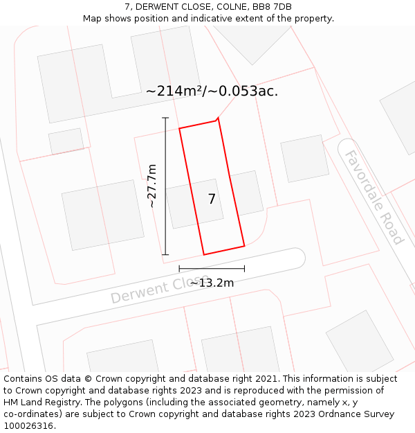 7, DERWENT CLOSE, COLNE, BB8 7DB: Plot and title map