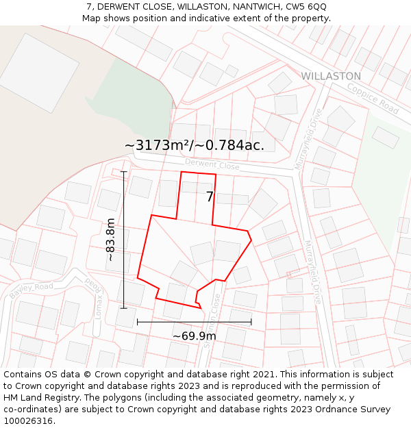 7, DERWENT CLOSE, WILLASTON, NANTWICH, CW5 6QQ: Plot and title map