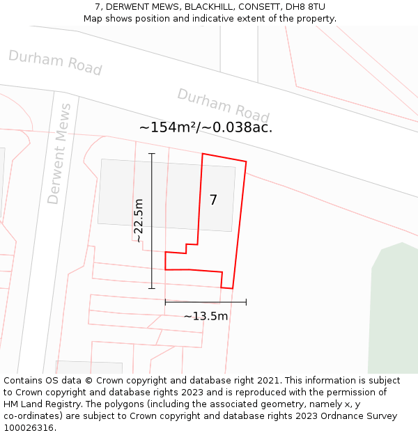 7, DERWENT MEWS, BLACKHILL, CONSETT, DH8 8TU: Plot and title map