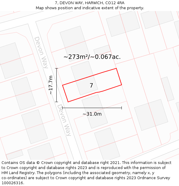 7, DEVON WAY, HARWICH, CO12 4RA: Plot and title map