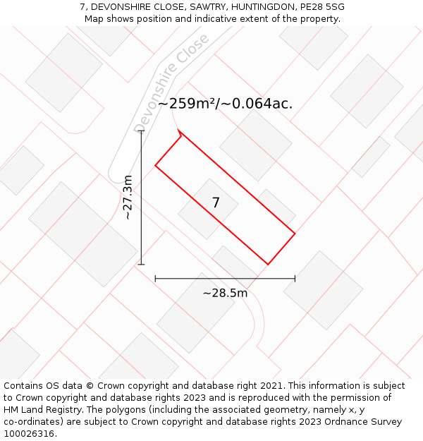 7, DEVONSHIRE CLOSE, SAWTRY, HUNTINGDON, PE28 5SG: Plot and title map