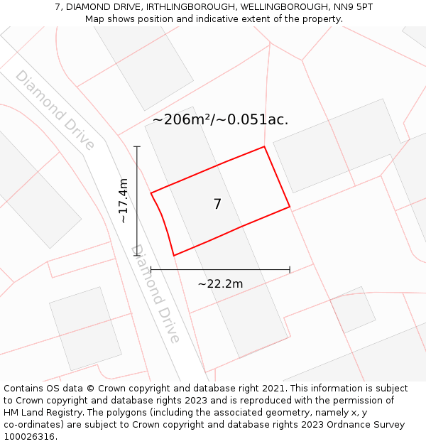 7, DIAMOND DRIVE, IRTHLINGBOROUGH, WELLINGBOROUGH, NN9 5PT: Plot and title map