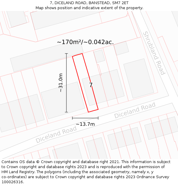 7, DICELAND ROAD, BANSTEAD, SM7 2ET: Plot and title map