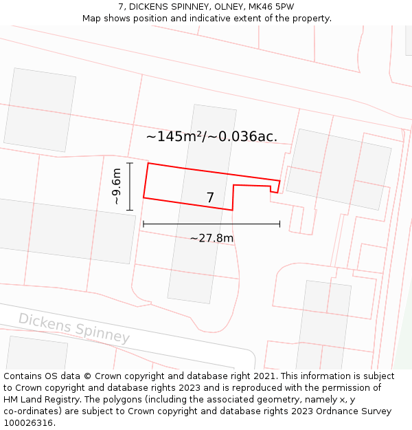 7, DICKENS SPINNEY, OLNEY, MK46 5PW: Plot and title map