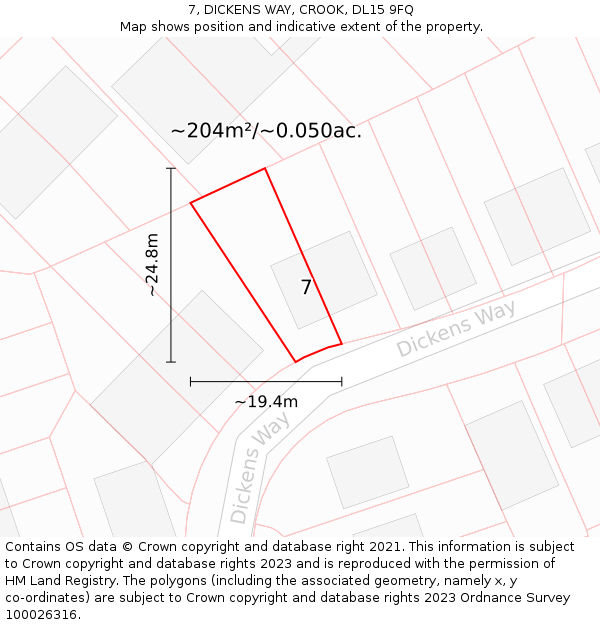 7, DICKENS WAY, CROOK, DL15 9FQ: Plot and title map