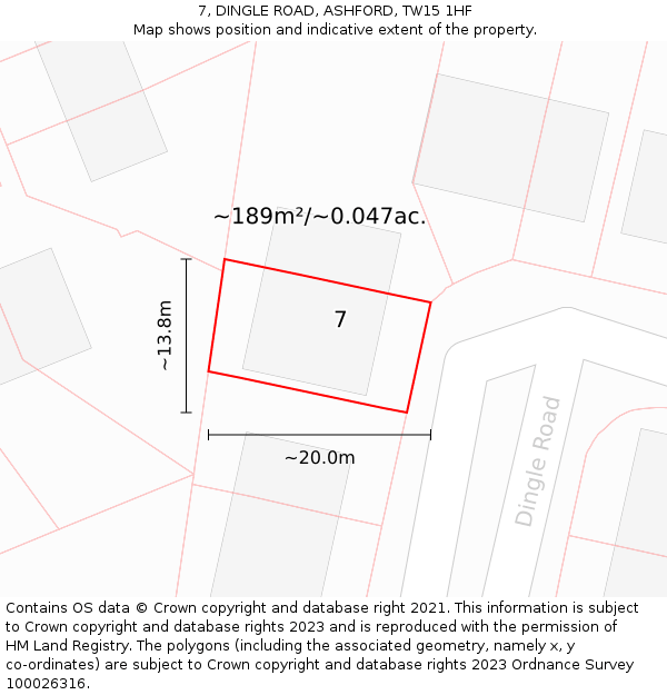 7, DINGLE ROAD, ASHFORD, TW15 1HF: Plot and title map