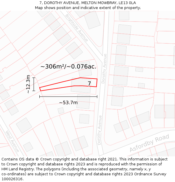 7, DOROTHY AVENUE, MELTON MOWBRAY, LE13 0LA: Plot and title map