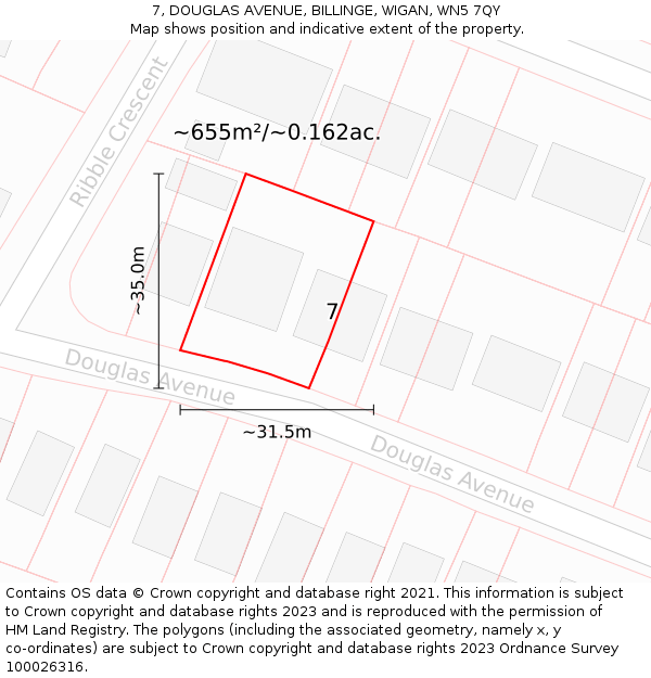 7, DOUGLAS AVENUE, BILLINGE, WIGAN, WN5 7QY: Plot and title map