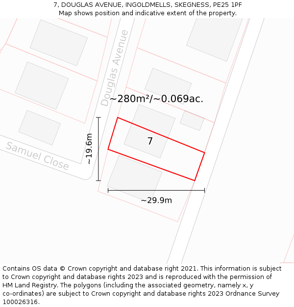 7, DOUGLAS AVENUE, INGOLDMELLS, SKEGNESS, PE25 1PF: Plot and title map