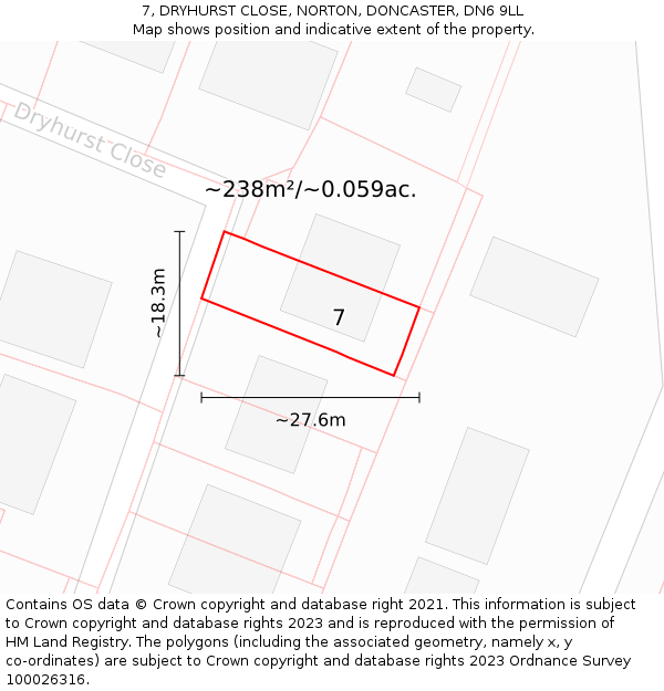7, DRYHURST CLOSE, NORTON, DONCASTER, DN6 9LL: Plot and title map