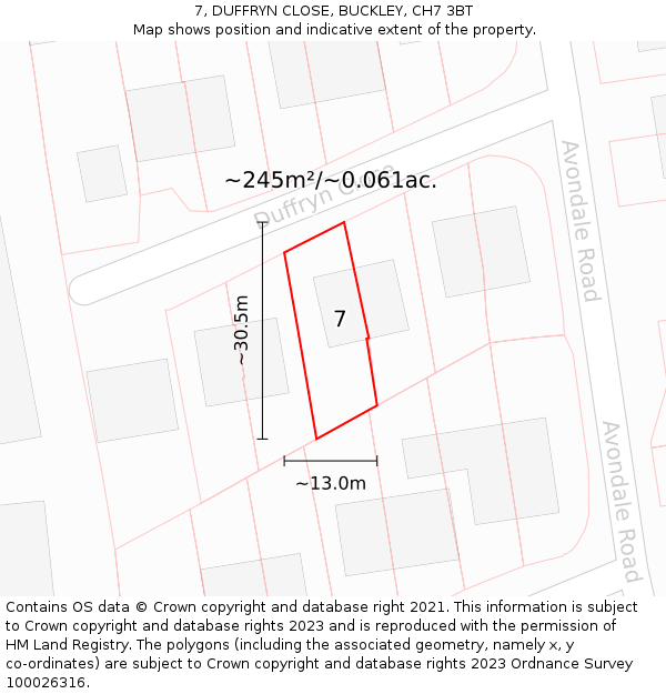 7, DUFFRYN CLOSE, BUCKLEY, CH7 3BT: Plot and title map